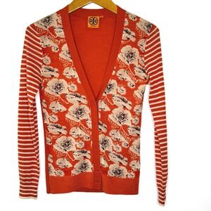 Tory Burch Orange Poppy Cardigan Striped Sleeves XS